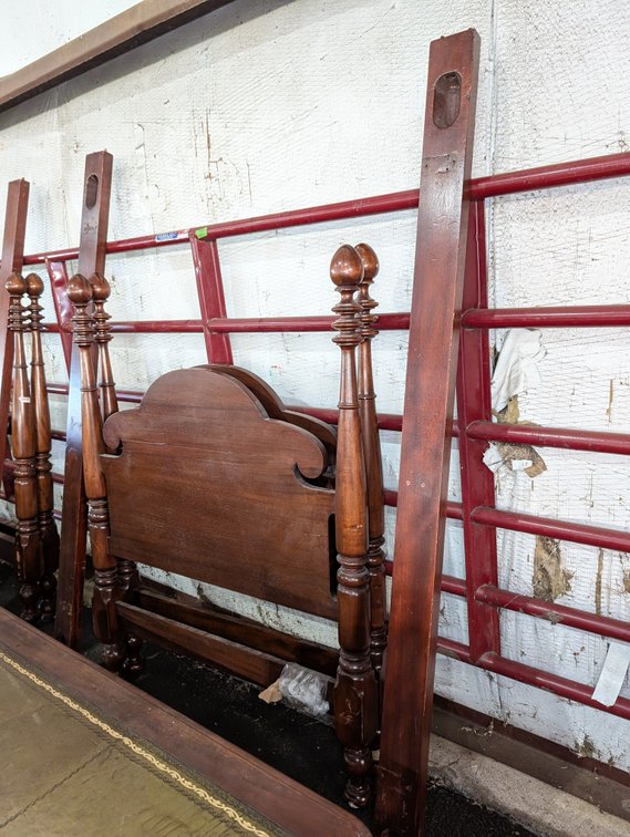 Antique Mahogany Headboard with Turned Posts and Scrolled Top
