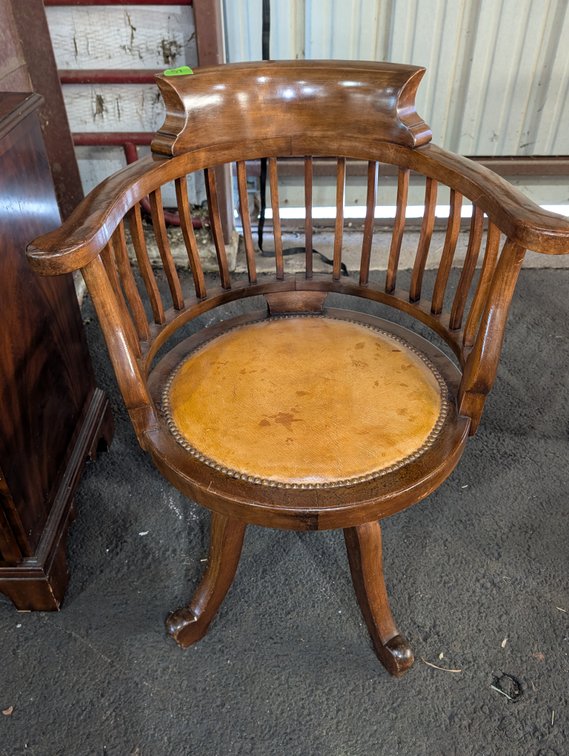 Antique Mahogany Captains Swivel Chair with Leather Seat and Spindle Back