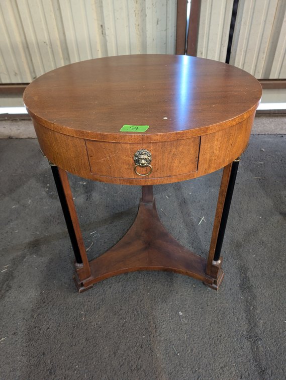 Arthur Brett & Sons Mahogany Drum Table with Lion Mask Hardware