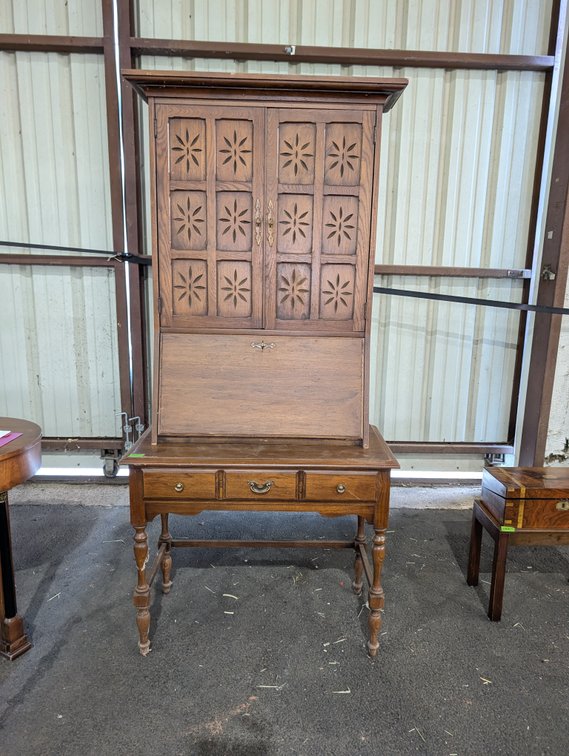Titchmarsh & Goodwin Carved Oak Secretary Desk with Floral Motif Doors