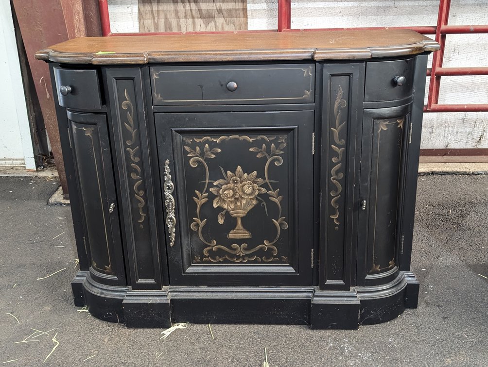 Painted Black and Gold Floral Painted Buffet Sideboard