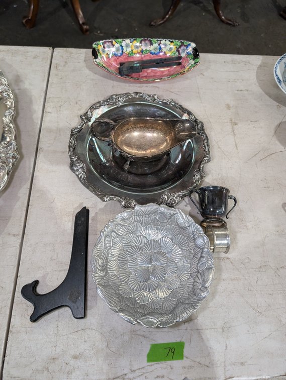 Silver Plate Serving Lot: Shell-Form Plate, Gravy Boat, Napkin Ring, and Tongs