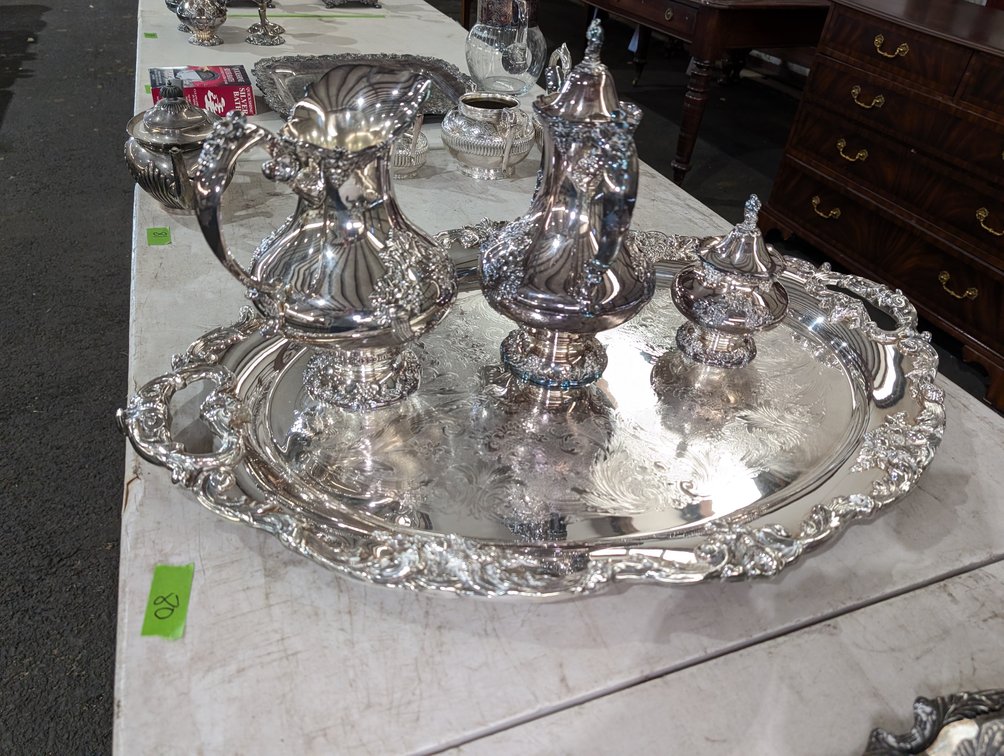 4-Piece Silver-Plated Tea Service on Large Footed Gallery Tray