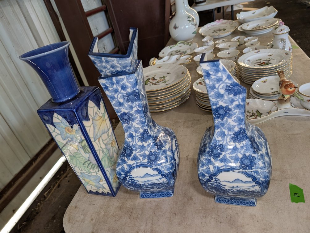(3) Large Oriental Style Ceramic Vases - Blue and White Floral Designs