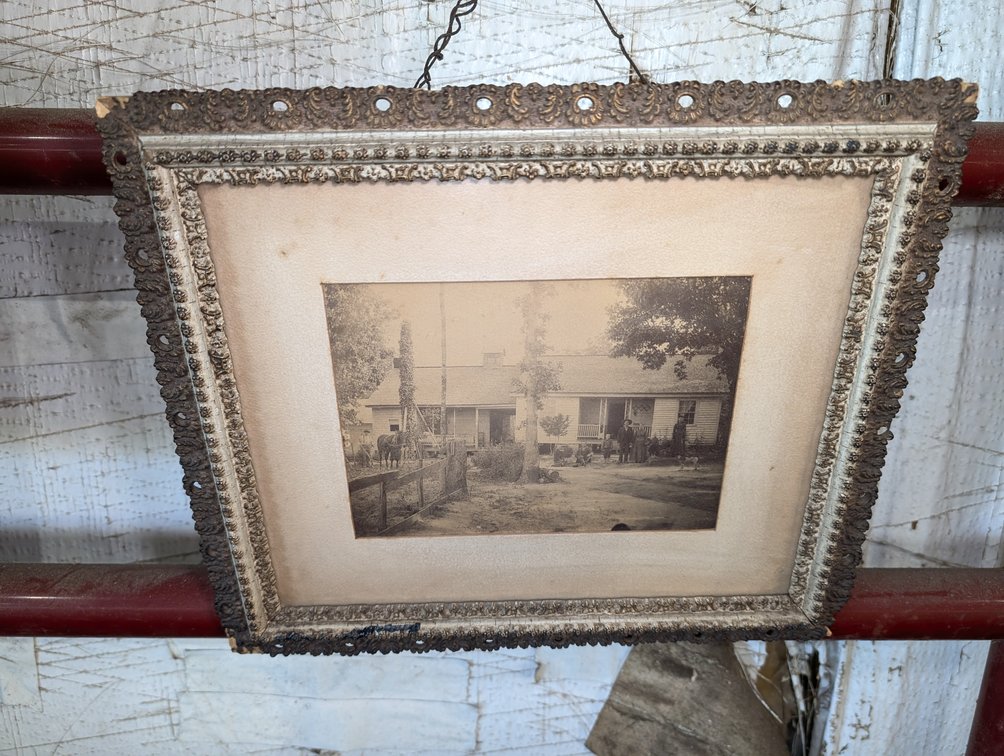 Antique Sepia-Toned Photograph of a Rural Homestead in Decorative Pierced Frame