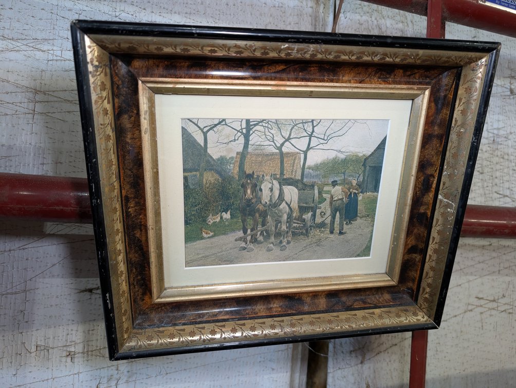 Framed Farm Scene with Horse-Drawn Cart and Poultry