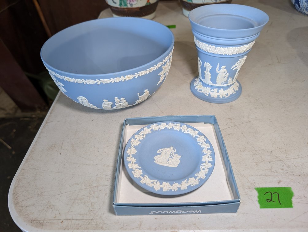 Wedgwood Blue Jasperware Grouping: Bowl, Vase, and Small Plate