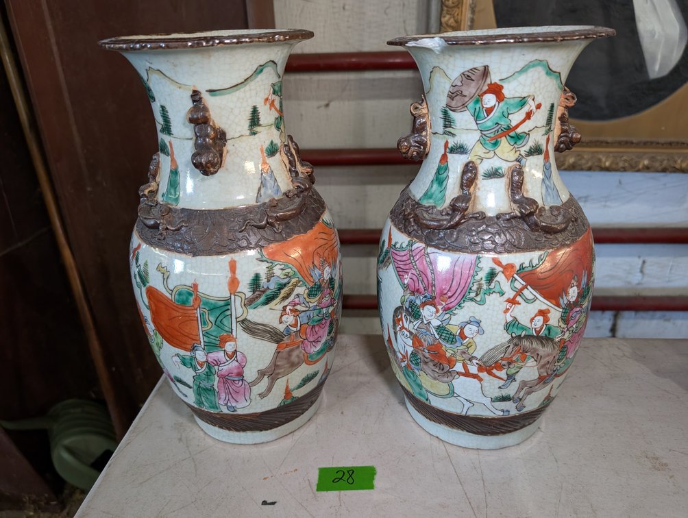 Pair of Chinese Crackle Glaze Famille Rose Vases with Battle Scenes