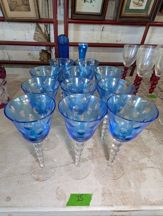 (11) Cobalt Blue Blown Glass Goblets with Beaded Clear Stems & Cobalt Vases