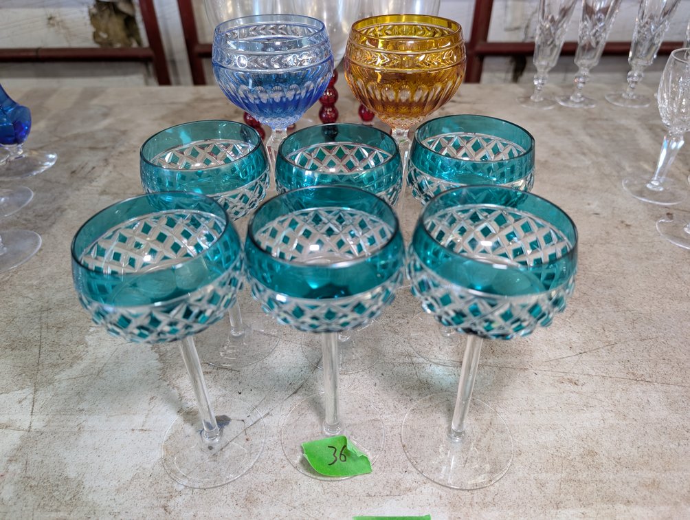 (6) Teal Cut Crystal Wine Glasses with 2 Accent Stemware Pieces
