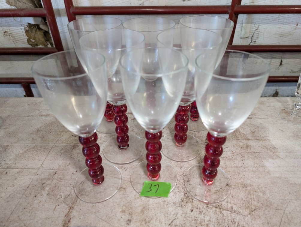 (8) Modern Glass Wine Goblets with Red Beaded Stems