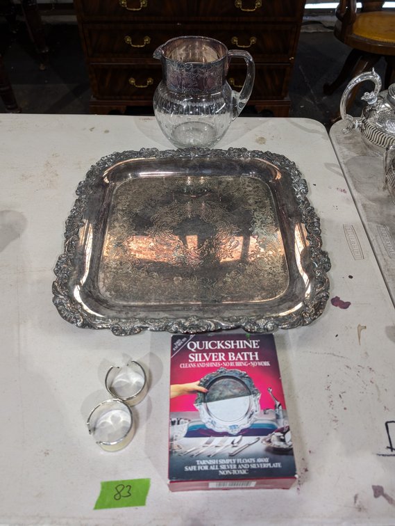 Silver Plate Footed Serving Tray and Napkin Rings
