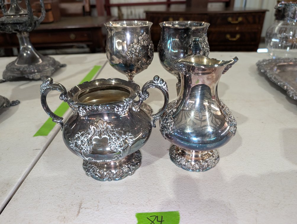 Silver Plate Tableware Lot: Sugar, Creamer, and Goblets