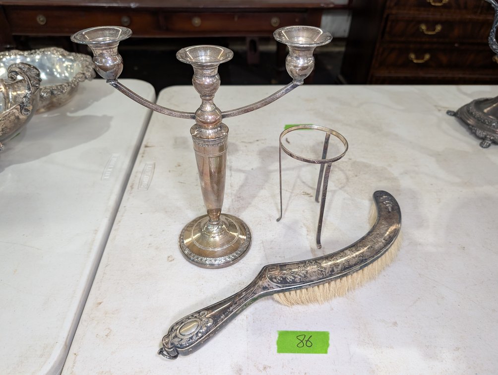 Three-Light Candelabra, Crumb Brush, and Frame