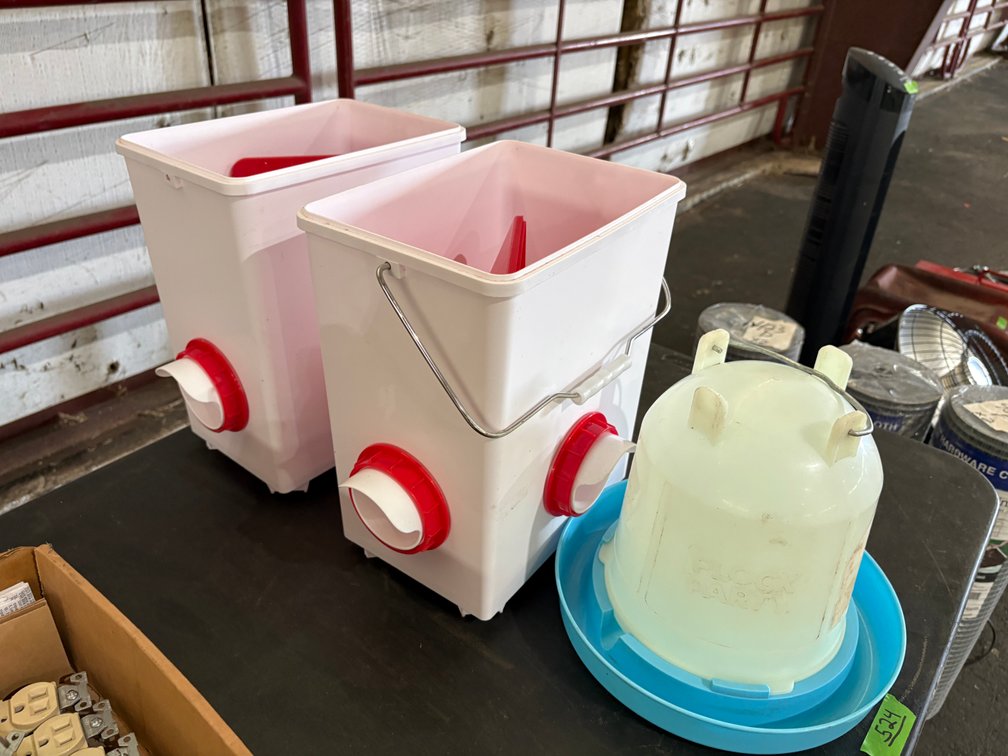 (2) White Poultry Feeders and 1 Flock Party Poultry Waterer