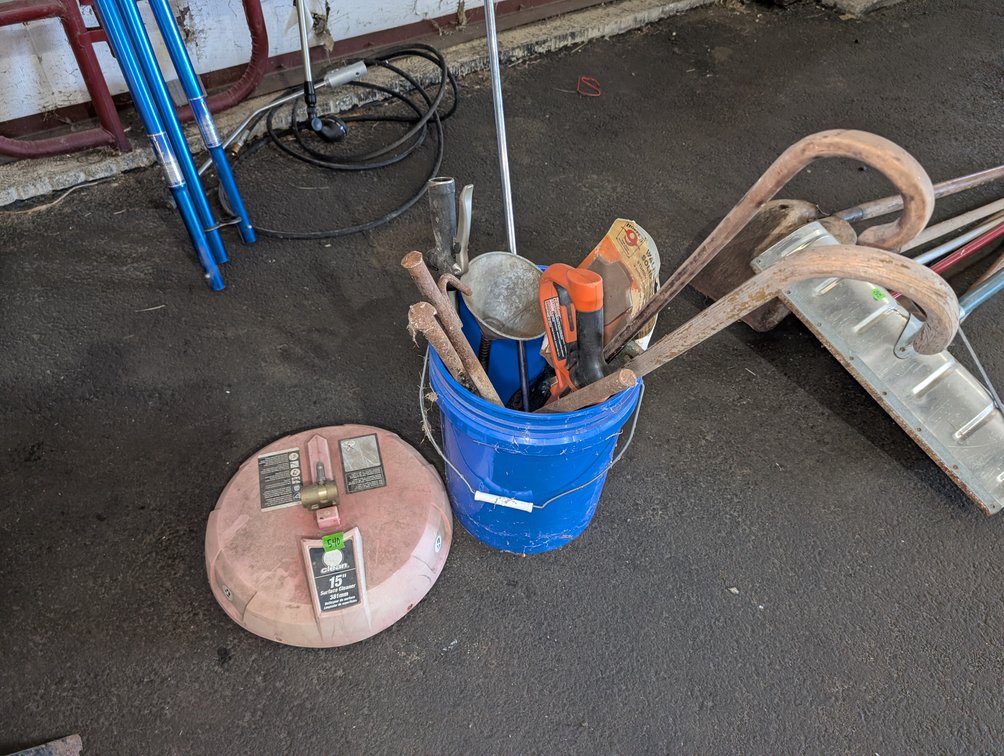 15-Inch Pressure Washer Surface Cleaner Attachment and Bucket of Misc Tools