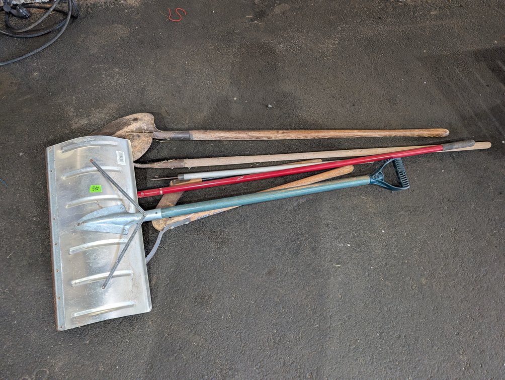 Assorted Yard Tools Lot - Metal Snow Shovel, Round Point Shovel, and Rakes