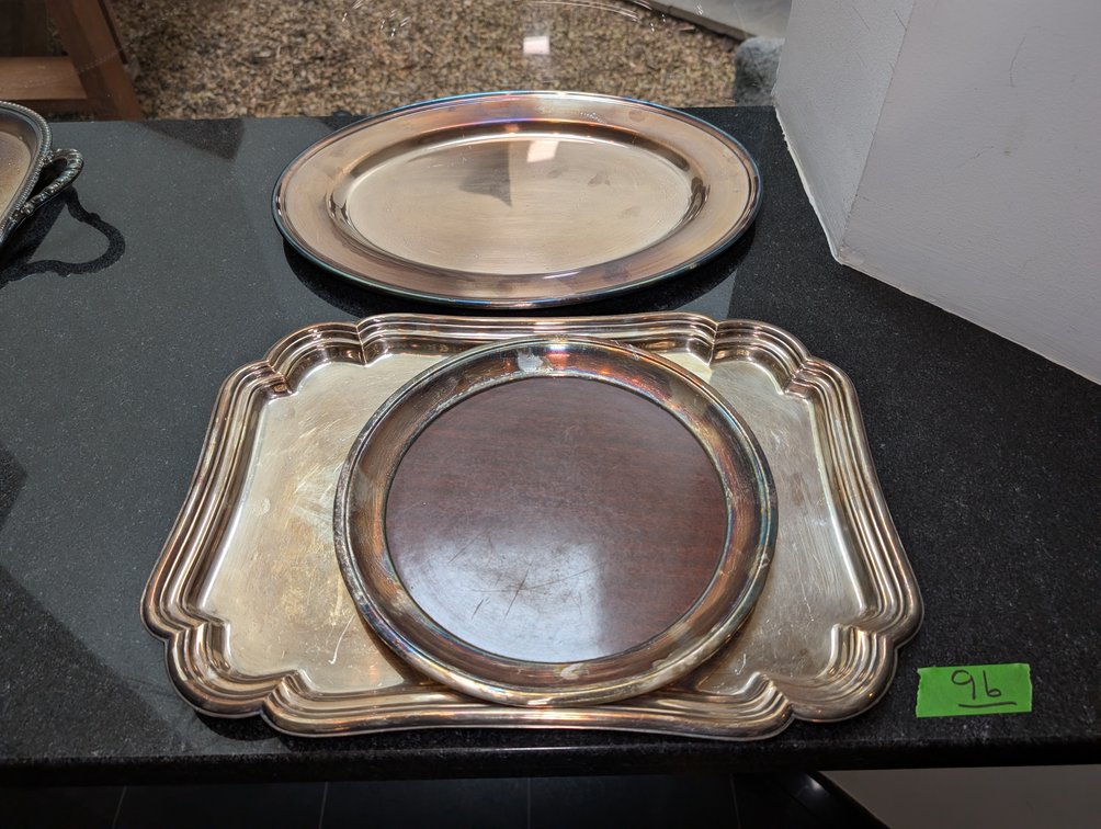 Grouping of 3 Silver Plate Serving Pieces including Wood-Inlay Platter