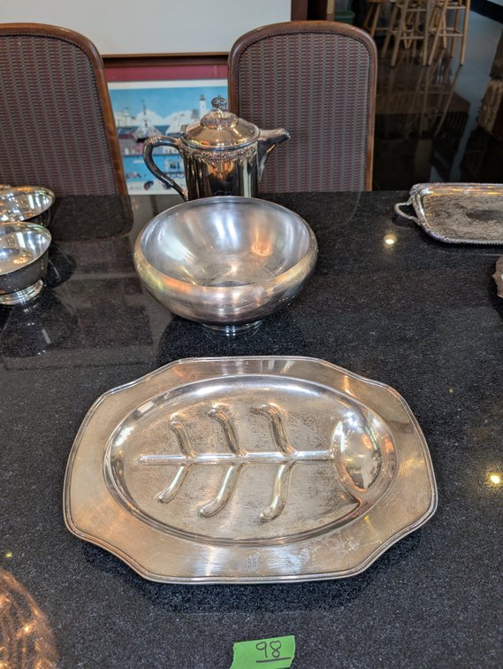 Silver Plate Serving Set: Fish Platter, Tea Pot, and Large Mixing Bowl