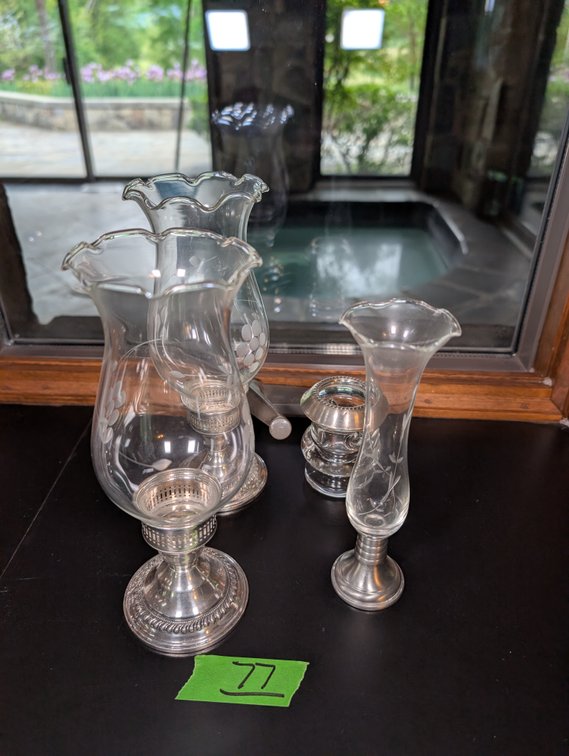 Collection of Silver-Plated and Etched Glass Hurricane Candle Holders & Bud Vase