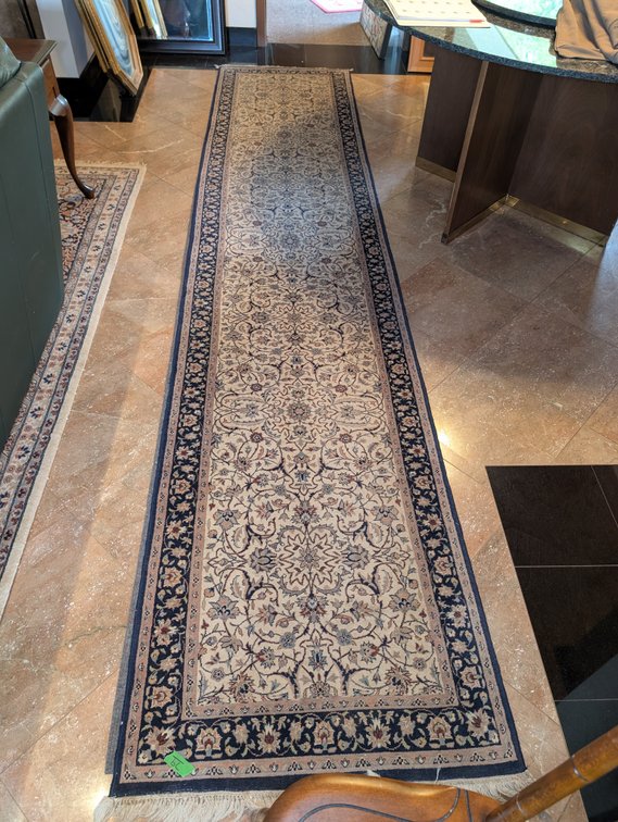 Large Oriental Style Floral Pattern Runner Rug with Navy Border