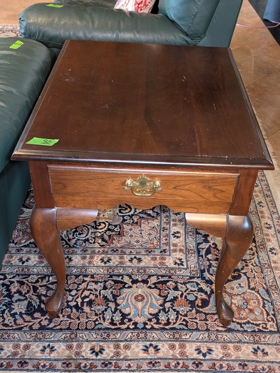 Queen Anne Style Cherry Wood Side Table with Cabriole Legs and Brass Hardware