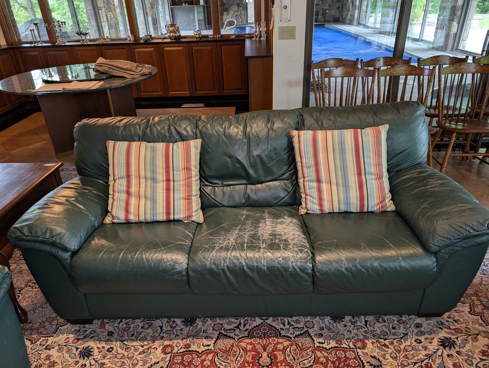 Green Leather Couch, Loveseat, and Recliner (Shows Wear)