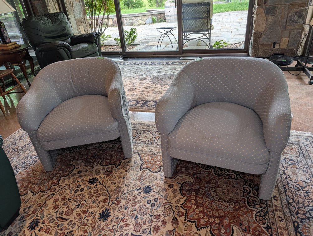 Pair of Light Blue Patterned Barrel Back Club Chairs