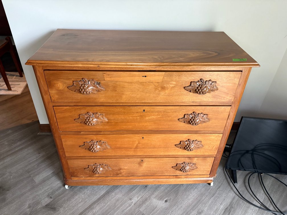 Vintage Wood 4-Drawer Dresser with Ornate Carved Grape Motif Handles