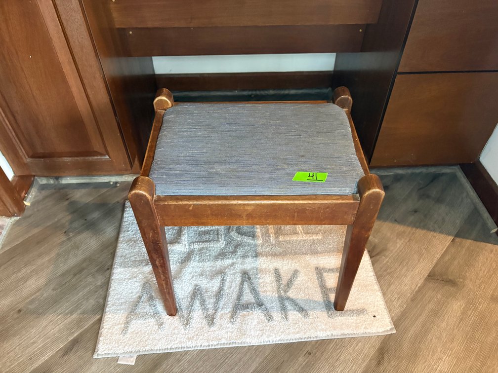 Small Wood Framed Vanity Stool with Grey Fabric Upholstered Seat