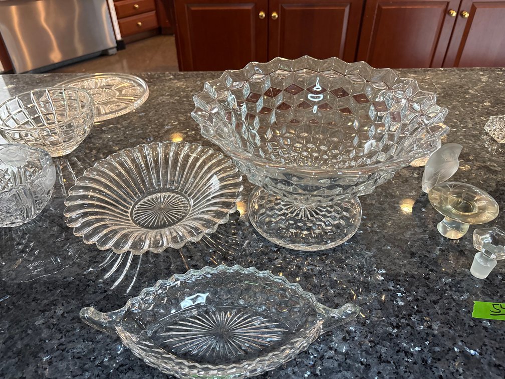 Large Vintage Crystal Footed Punch Bowl and Assorted Pressed Glass Serving Pieces