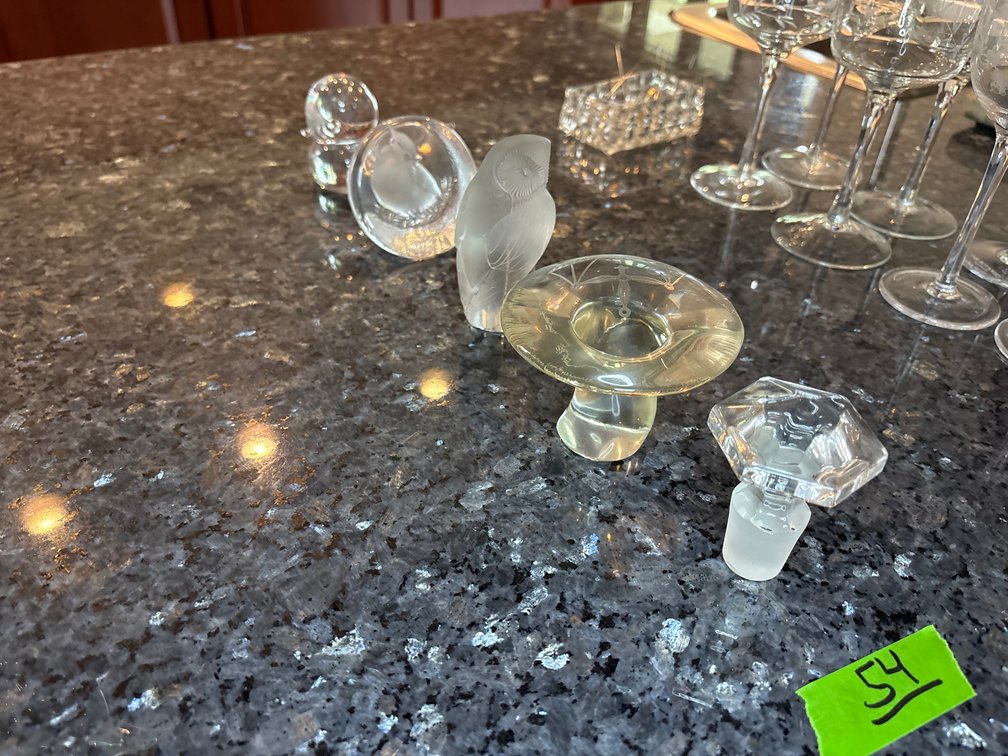 Collection of Art Glass Figurines and Stoppers featuring Frosted Glass Owl and Bird