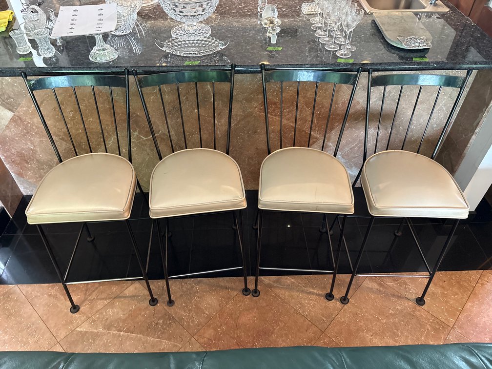 Set of 4 Modern Wrought Iron Bar Stools with Padded Beige Upholstery