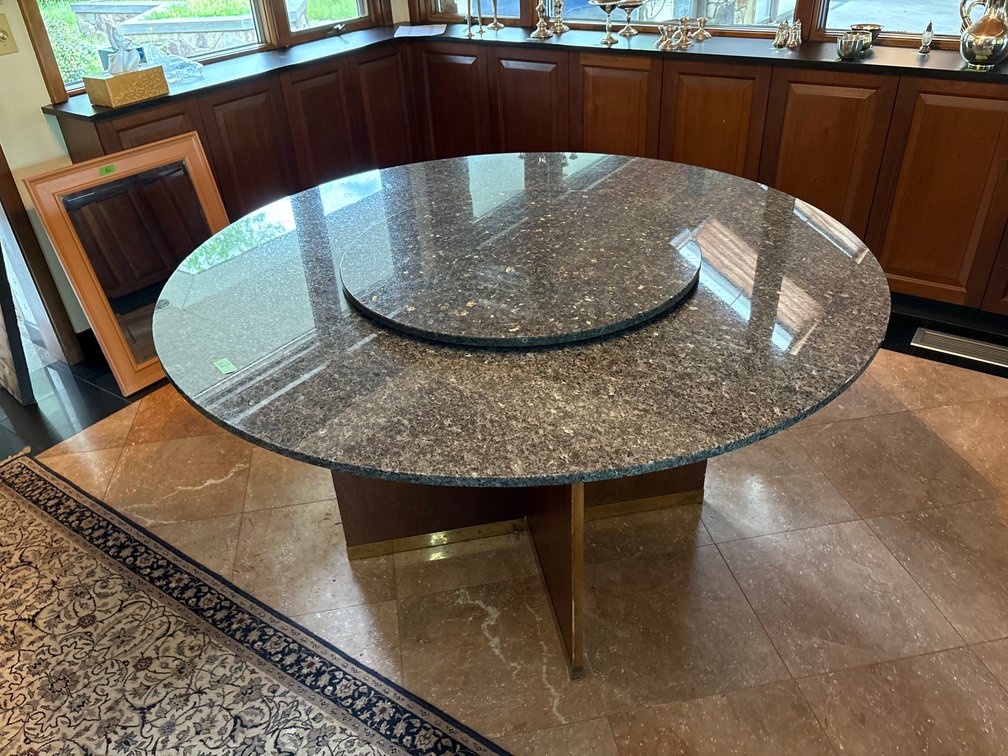 Large Mid-Century Modern Round Granite Dining Table with Lazy Susan