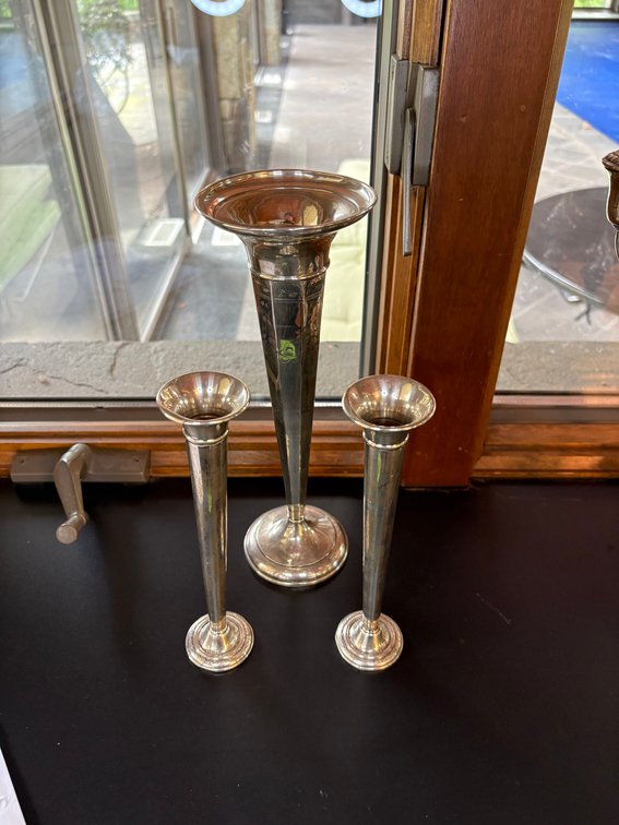 (3) Sterling Silver Weighted Trumpet Vases, Includes One Etched Floral Pattern