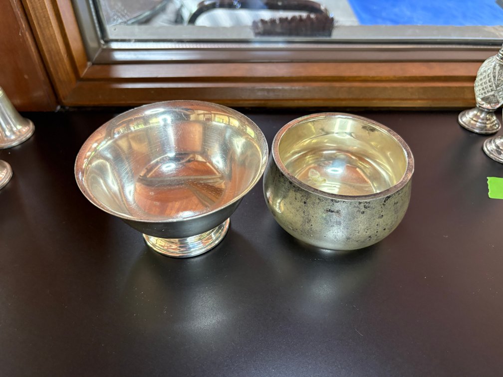 Silver Bowls, One Footed and One Simple Rolled Rim