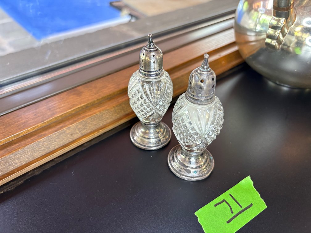 Pair of Vintage Cut Glass Shakers with Sterling Silver Tops