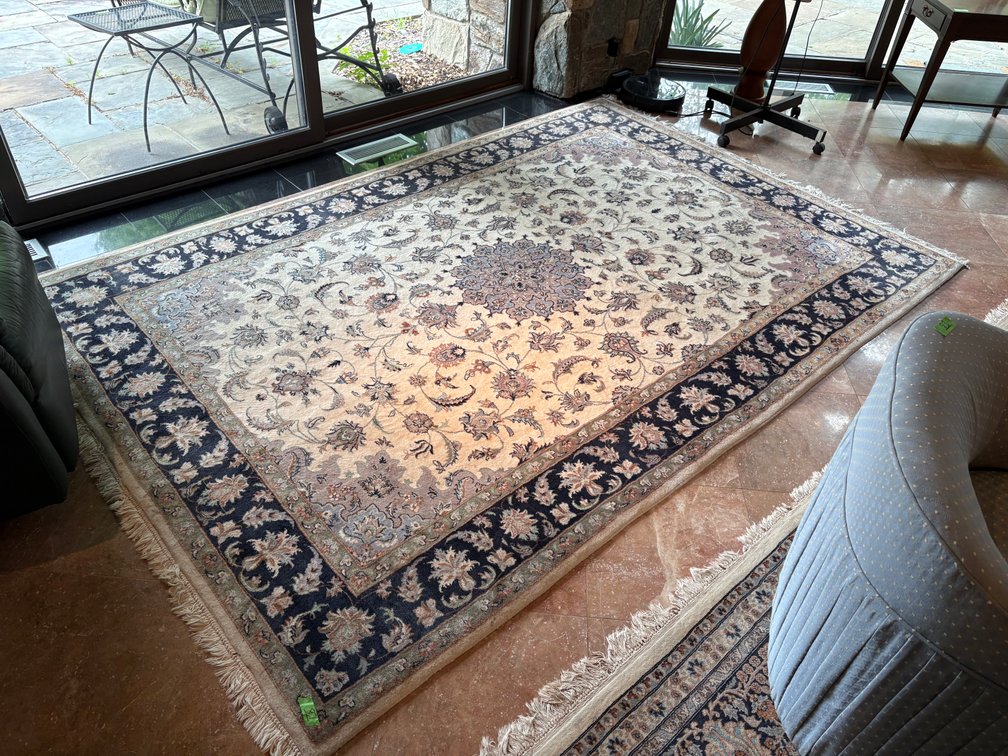 Large Area Rug with Floral Medallion and Navy Border