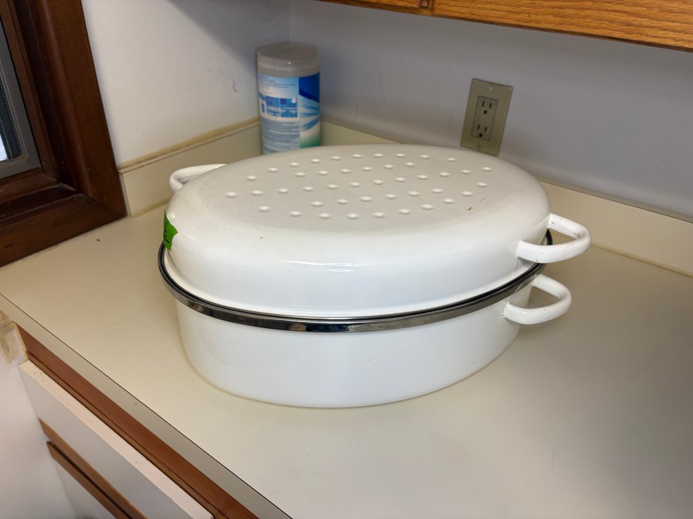 Vintage White Enamelware Oval Roaster with Domed Lid