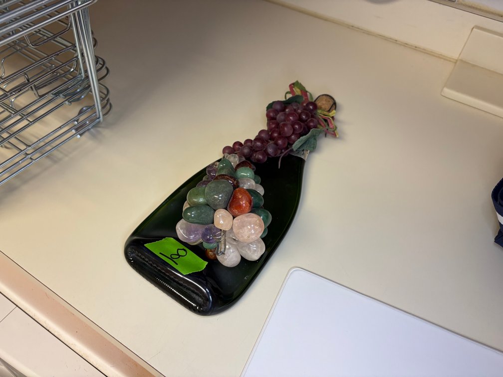 Decorative Flattened Wine Bottle Glass Tray with Crystal Grape Accents
