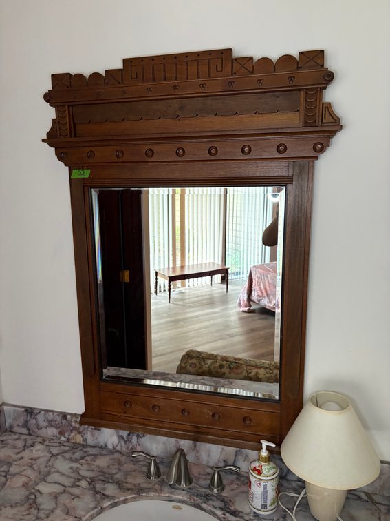 Ornate Carved Wood Wall Mirror with Decorative Finials