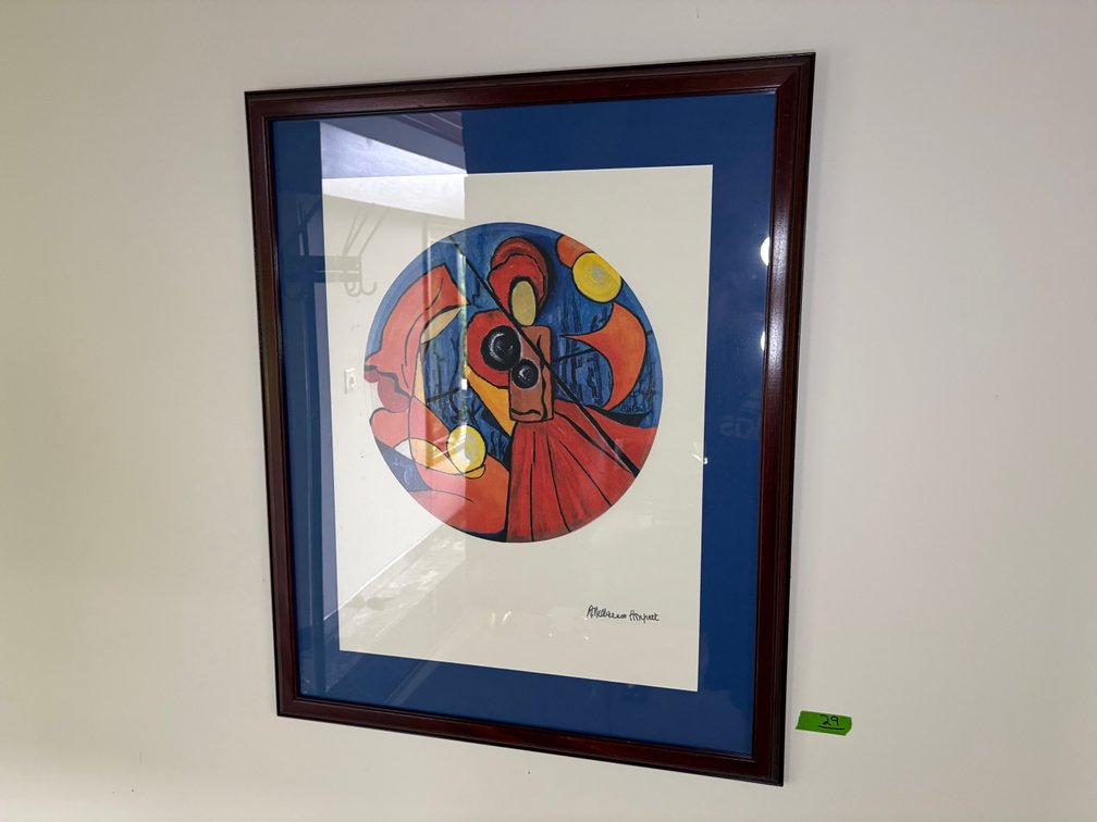 Signed Abstract Figurative Art Print in Dark Wood Frame