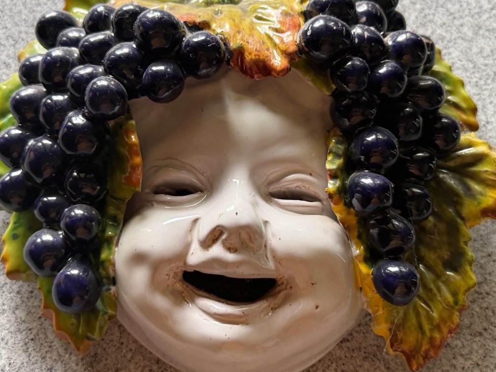 Vintage Italian Majolica Ceramic Bacchus Wall Mask with Grapes