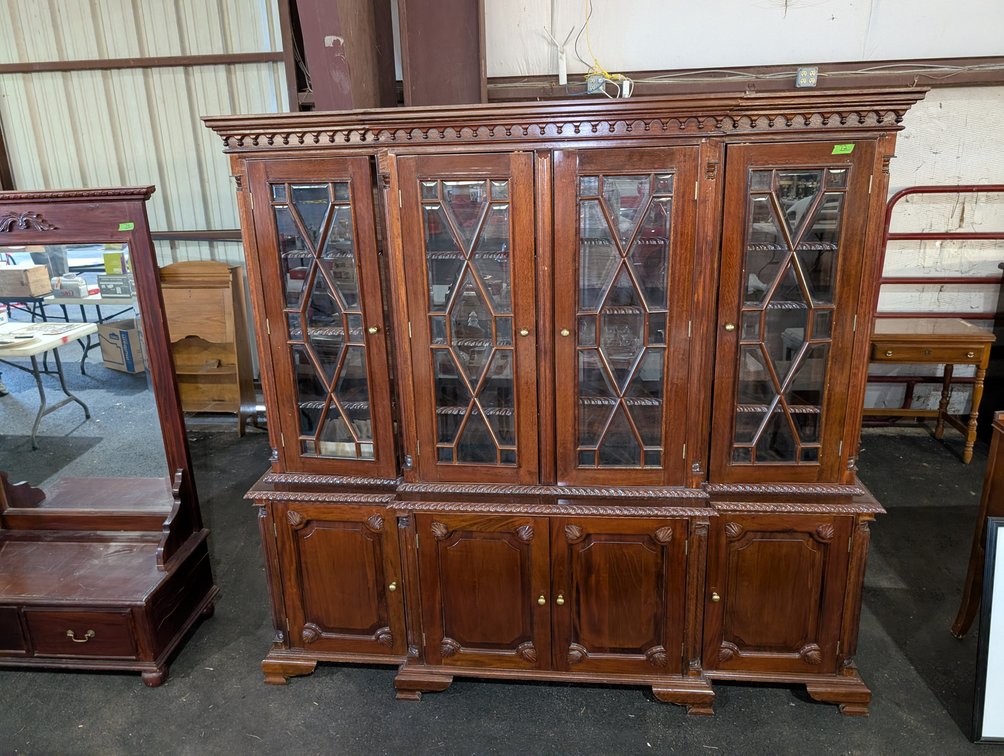 Large Mahogany Two-Piece China Cabinet / Breakfront Hutch with Lattice Glass Doors