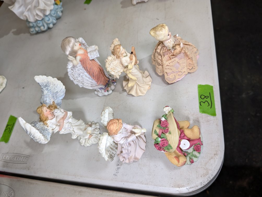 Assorted Angel & Character Figurines Lot Including Musician Angels, Teddy Bear & Porcelain Doll