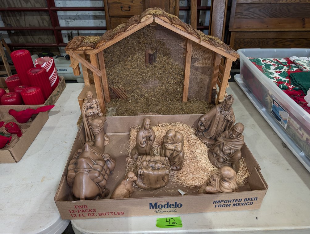 Nativity Set with Wooden Crèche / Stable & Full Set of Figurines