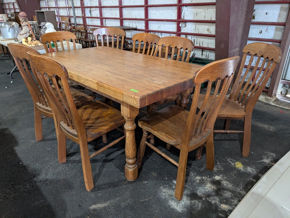 Solid Oak Butcher Block Dining Table with 8 Matching Pressed Back Chairs