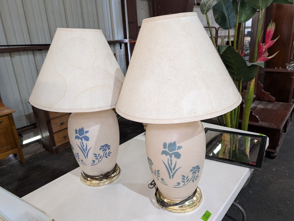 Pair of Ceramic Table Lamps with Blue Floral Stencil Design & Shades