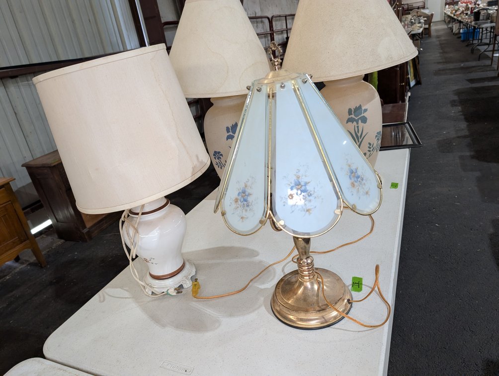 Pair of Table Lamps incl. Brass Panel Slag Glass Accent Lamp & Cream Ceramic Lamp