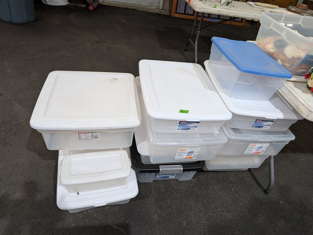 12 Assortment of Clear Plastic Storage Totes & Lidded Bins